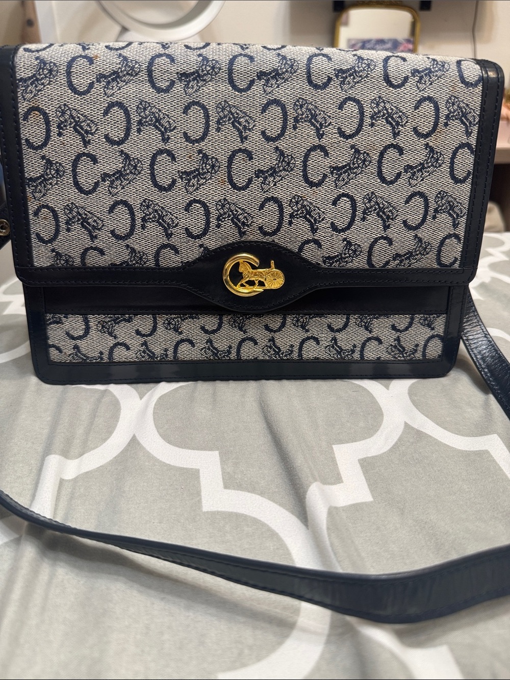 Celine Black and Cream Monogram Shoulder Bag with Gold Hardware